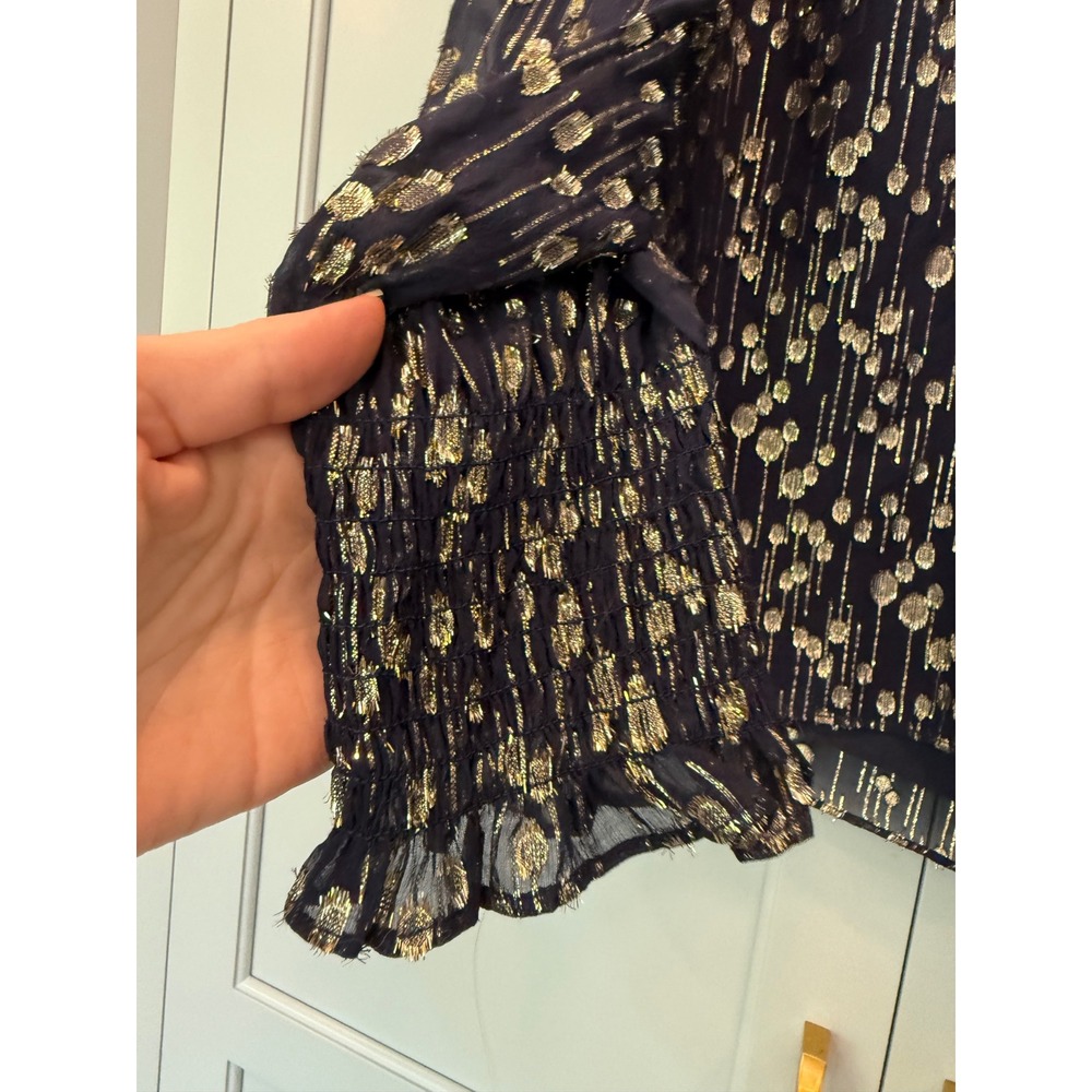 Sail to Sable STS Navy Gold Metallic Blouse Smocked Poet Cuff S heritage silk - Picture 6 of 9